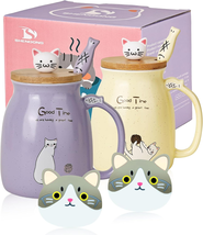 2 Pack Cat Mugs Cute Ceramic Coffee Cups Set of 2 with Kawaii Bamboo Lid and Spo - £19.06 GBP
