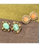 Vintage Cabochon Screw Back Earrings Blue-Green Harlequin Glass-Peach/Rh... - £15.11 GBP