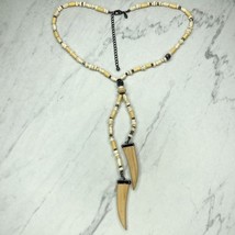 Chico&#39;s Cream and Wood Beaded Y Drop Pendant Necklace - £15.78 GBP