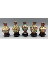 Vtg 5 Small Oriental Cloisonné Vases Wood Bases - $487.32 MXN