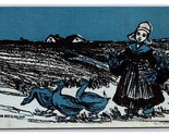 Blue Dutch Girl With Ducks Countryside by D Millson Linen Postcard H29 - $3.91