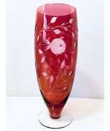 Vintage Hand Blown Boho Cranberry Flower &amp; Leaf Etched Glass Clear Foote... - £23.55 GBP