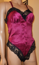 Vtg Fantasies Morgan Taylor Red Satin Black Lace Trim One Piece Teddy Ro... - $32.17