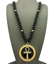 New Ankh Cross Round Pendant &amp;36&quot; Wooden Bead Chain Hip Hop Necklace - RC1952GBK - £14.02 GBP