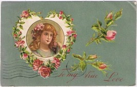 Postcard Valentine To My True Love Lady In Heart Wreath Of Roses - £3.10 GBP