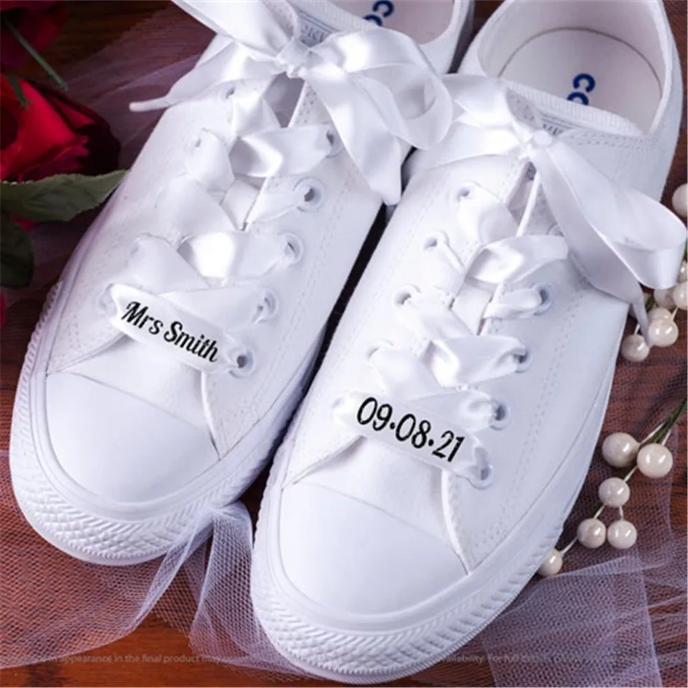 Bridal Custom Text Satin Ribbon 1 Pair Silk Satin Shoes 2CM Width Flat Ribbon Sh - $137.71