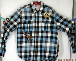 Pepe J EAN S Vintage Commander Large Button-Front Plaids Checks Embroidered Shirt - $14.03