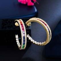 CWWZircons Colorful Rainbow Cubic Zirconia Big Gold Color Round CZ Hoop Earrings - £17.76 GBP