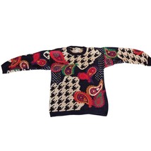 VTG 80s Sweater Knitting Needles Sz L Houndstooth Paisley Sweater Navy - £62.61 GBP