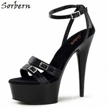 Black Heels 15Cm Silk One Straps Ankle Strap Cover Heeled Women Shoes Heels Plat - £100.16 GBP