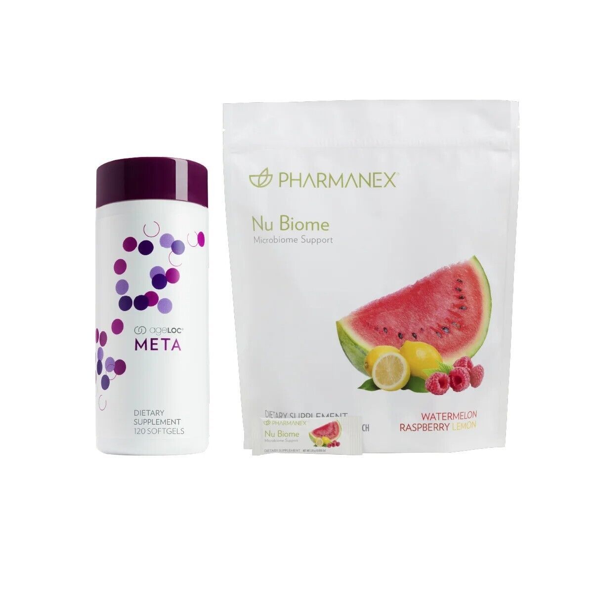 NuSkin Nu Biome Gut Health Powder Mix Pre Postbiotics 30 pk + ageLOC META 120ct