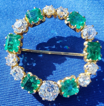 Earth mined Diamond Emerald Circle Art Deco Brooch Elegant Antique 18k G... - £26,452.46 GBP