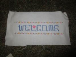 Completed BLUE WELCOME w/HEART Counted Cross Stitch - 2.5&quot; x 9&quot; Design - $6.00