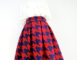 Winter RED Houndstooth Midi Skirt Lady Plus Size A-line Pleated Party Skirt image 6