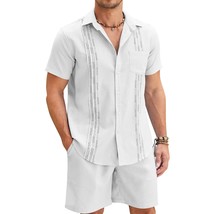 Men Linen Suits Summer Beach Guayabera Outfit Button Down Shirt And Short - $81.99