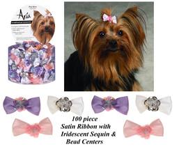 100pc Glittering Pixie Sequin&amp;Bead Center Satin Ribbon Bows w/Band Dog Grooming - £23.96 GBP