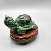 Ruby Zoisite Hand Carved Turtle Figurine 4&quot; Wood Base Semi-Precious Ston... - $116.09