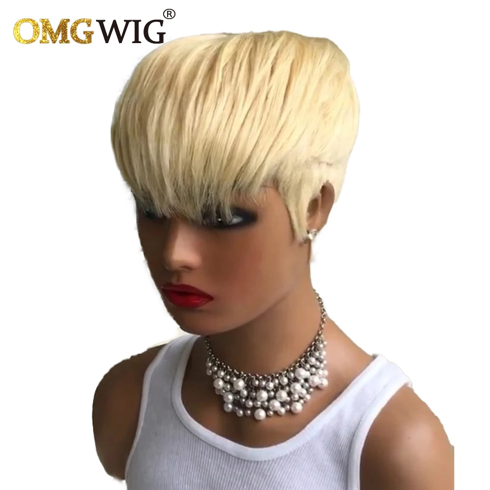 613 Blonde Short Wigs Brazilian Remy Human Hair Full Machine Made Pixie ... - $52.92+