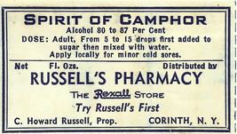 Vintage Pharmacy Label Spirit Of Camphor Russell&#39;s Rexall Pharmacy Corinth N.Y. - £23.12 GBP