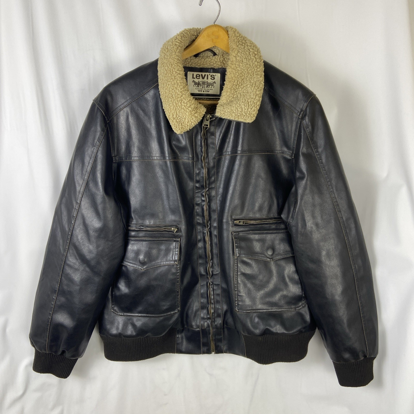 Levis Men&#39;s Sherpa Lined Size XXL Bomber Aviator Jacket Brown Faux Leather - $42.74