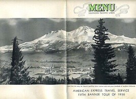 Southern Pacific Lines Menu 1938 Train View of Mt Shasta on Cover Railroad  - $79.12