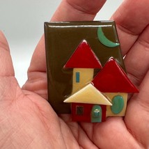 House Pins by Lucinda Mixed Media Resin 2&quot; Pin Brown Red Blue Houses Green Moon - £10.11 GBP