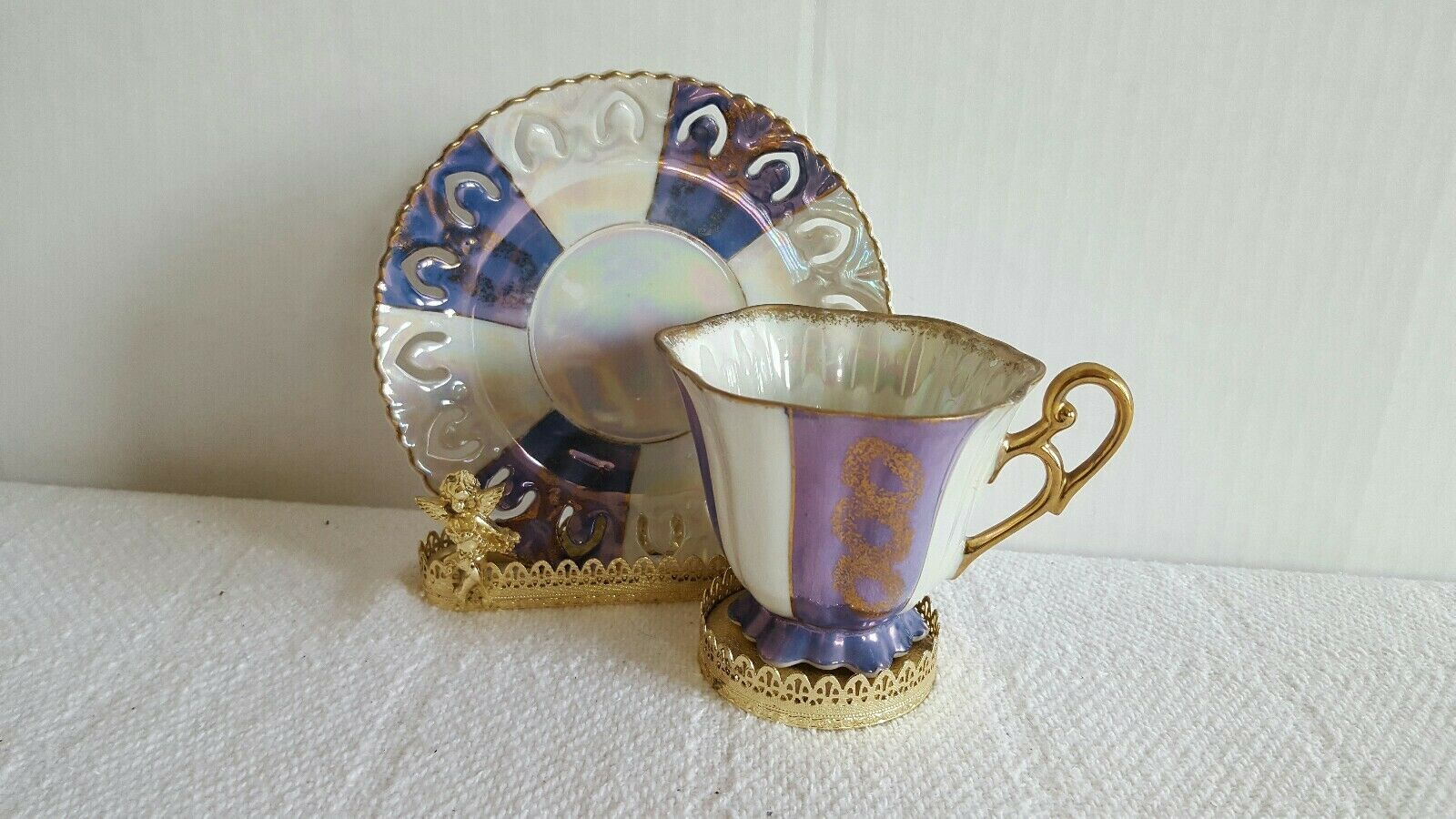 Beautiful Vintage Napco Tea Cup & Saucer Occ. Japan Opalescent Blue Silver EUC - $14.99