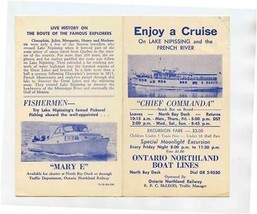 Chief Commanda Brochure Cruise Lake Nipissing &amp; French River Ontario Canada 1962 - $17.82