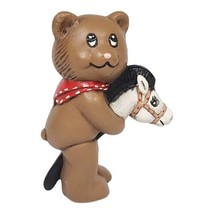 Vtg 80s Ceramic 4&quot; Bear Figurine w/ Red &amp; White Bandana Riding Stick Hose - £12.42 GBP