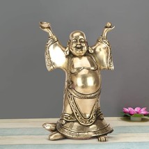 Laughing Buddha statue Brass Standing on Tortoise 9 inches height - £153.60 GBP