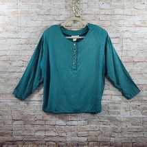 VTG Studio C Women Blouse Large Teal Gold Paisley Round Neck 1/2 Button Up Pads - £11.86 GBP