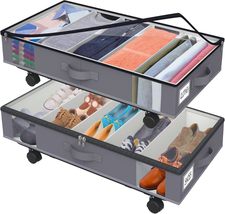 Large Capacity Under Bed Shoe Storage with Wheels, 2 Pack Foldable, Grey - $25.99