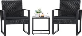 Modern Black Outdoor Wicker Furniture Set - 3-Piece Patio Conversation Set - £143.05 GBP