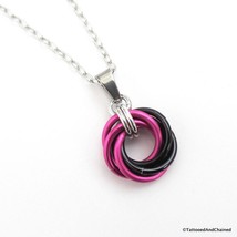 Hot pink &amp; black chainmail love knot pendant, handmade jewelry - £8.41 GBP+