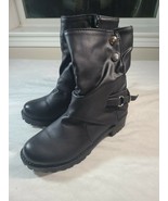 Women Vintage Buckle Mid Calf Biker Comfy Ankle Boots Chunky Low Heel Sh... - £11.93 GBP