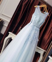 Scoop Tulle Light Blue Long Prom Dresses with Appliques Pearls - $148.99