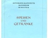 Mannheim Autobahn Raststatte Menu H. Reuter Germany  - $17.80