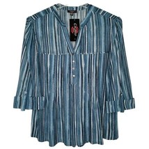 NWT Cocomo Plus Size 1X 3X Blue Striped Print Studded Pintuck 3/4 Sleeve Top - £27.52 GBP