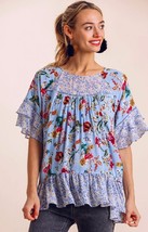New Umgee Sizes S L Sky Blue Floral Print Top Ruffled Sleeves Lace Trim Oversized - £19.94 GBP