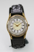 Fossil Men Watch Silver Gold Stainless St Date Black Leather 30m White Quartz - £26.53 GBP