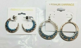 Fashion Earrings Hoops &amp; Moon Shape Silver Tone W Blue Thread French Wire &amp; Stud - £12.75 GBP