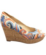 Nine West Wedge Heels Shoes Womens Size 6 Multicolor Canvas Peep Toe Sli... - $27.73