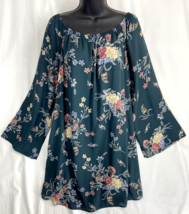 MTS Dark Green Floral 3/4 Sleeve Wide Neck Dress Tropical Summer Size L - $12.34