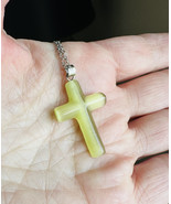 Olive Green Cats Eye Stone Cross Stainless Steel Necklace Hand Carved - $12.75