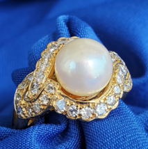 Earth mined Diamond Pearl Deco Engagement Ring 1ct Statement Pave Solid 18k Gold - $5,149.19 CAD