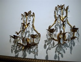 Pair c1920&#39;s ART DECO 17&quot; Wall Sconces With Glass Drops  - £374.54 GBP