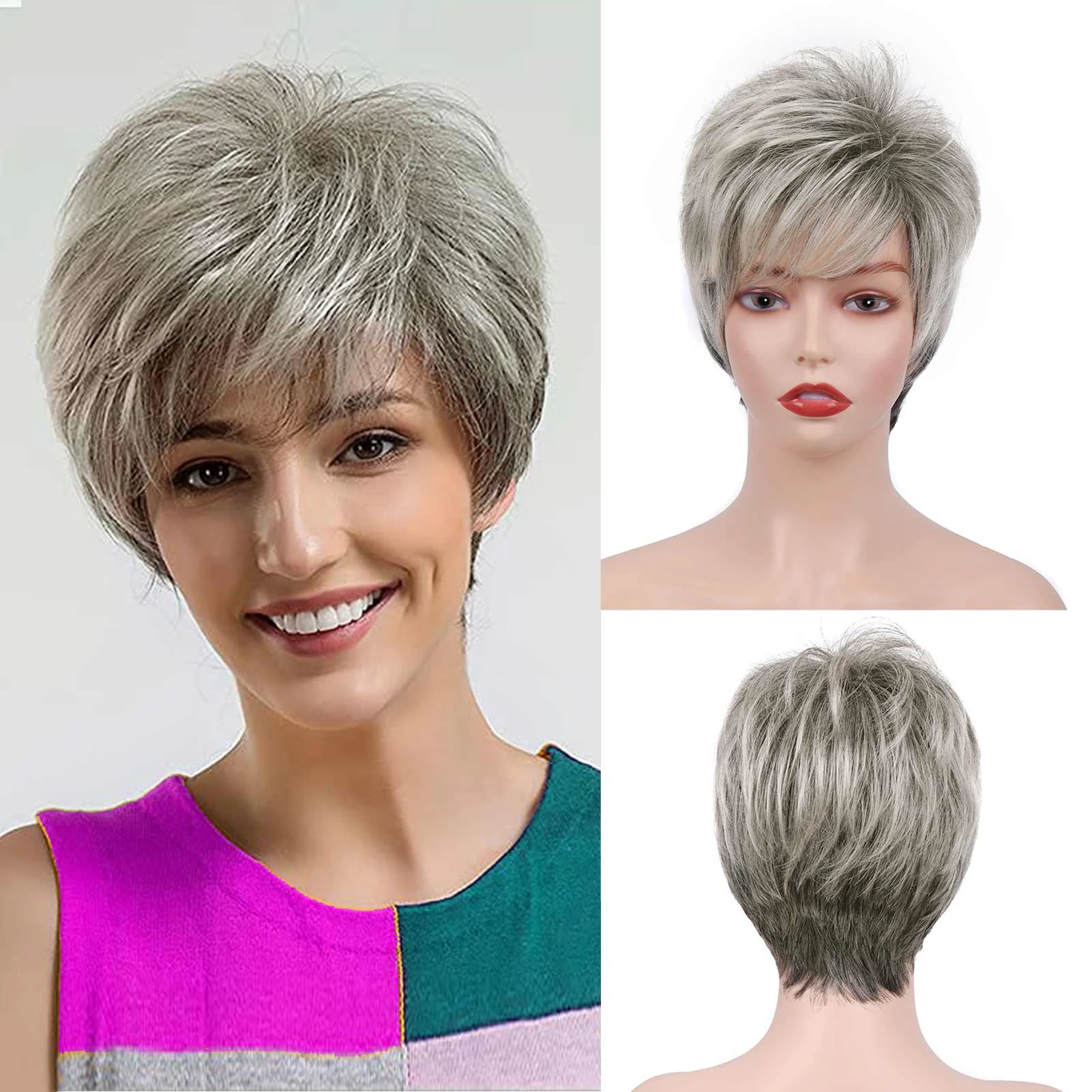 Short Pixie Cut Hair Mixed Gray Hairstyles Wigs Layered hair grey glueless w - £47.15 GBP