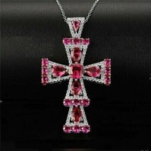 3Ct Cushion Cut Red Ruby Holy Cross Pendant 14k White Gold Plated Free Chain - $188.09