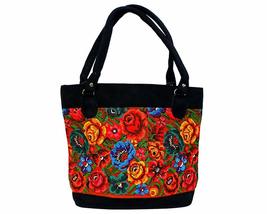 Multicolored Floral Huipil Embroidered Black Vegan Suede Tote Purse Bag ... - £23.70 GBP