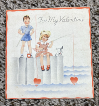 Vintage Valentines Day Card Folded Boy Girl Fishing Use Your Heart For Bait - £3.85 GBP